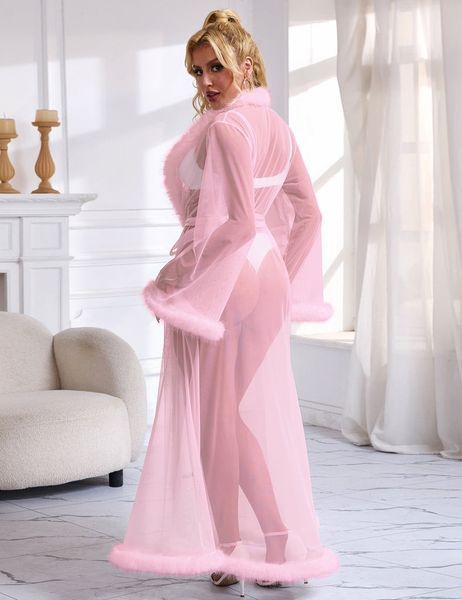 Халатик полупрозрачный Star Night с имитацией меха и поясом, розовый, XL-2XL R81759-4/XL/2XL фото