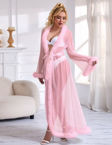 Халатик полупрозрачный Star Night с имитацией меха и поясом, розовый, M-L R81759-4/M/L фото