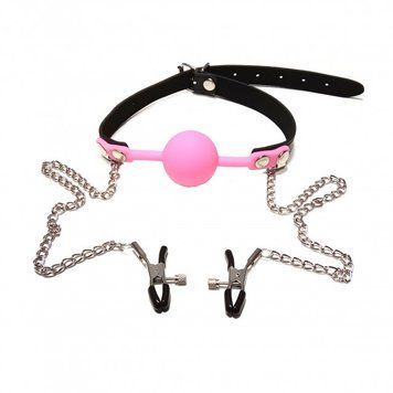 Кляп із затискачами на соски DS Fetish Locking gag with nipple clamps black/pink 221303054 фото