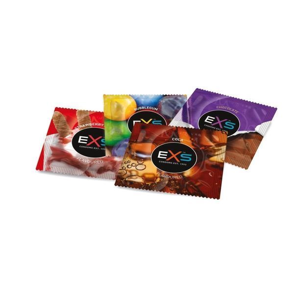 Презервативи EXS Mixed Flavoured зі смаком шоколаду, коли, полуниці та жуйки (ціна за упаковку, 12 шт) EXS50277 фото