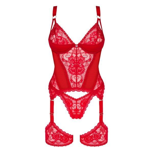 Корсет мереживний Obsessive Belovya, з гартерами та трусиками, червоний, M/L 411381 фото