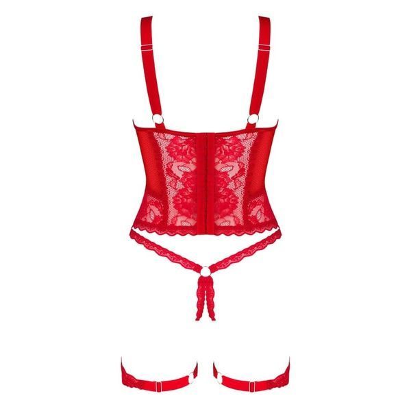 Корсет мереживний Obsessive Belovya, з гартерами та трусиками, червоний, M/L 411381 фото