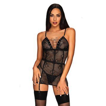 Пеньюар в сеточку Obsessive Basitta со шнуровкой, стринги в комплекте, черный, L/XL 410526 фото